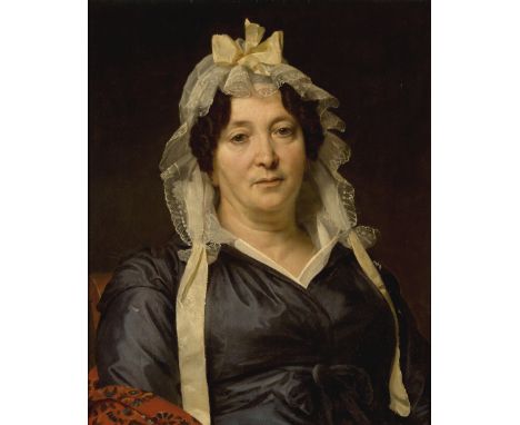 Jérôme-Martin Langlois,  French 1779-1838- Portrait of a lady, quarter-length, with a white bonnet and a yellow bow; oil on c