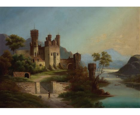Circle of Johann Wilhelm Jankowski,  Austrian c.1825-1870- View of a castle by a lake; oil on canvas, 73.5 x 100 cm. Provenan