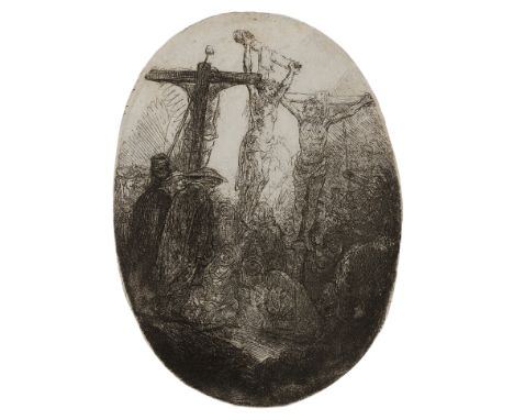 Rembrandt Harmensz. van Rijn,  Dutch 1606-1669- Christ crucified between Two Thieves: Oval Plate; etching on paper, oval, lik