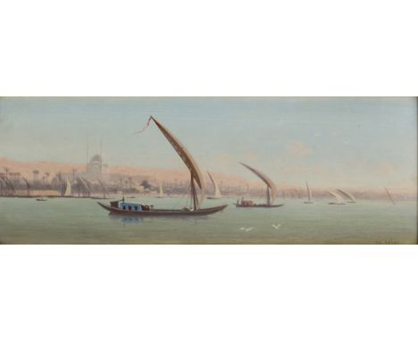 Charles-Théodore Frère,  French 1814-1888- Dhows on the Nile with Cairo beyond; oil on panel, signed 'TH. FRÈRE' (lower right