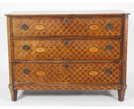 A 19th Century Continental walnut commode with canted sides, inlaid trellis within a scroll and shell border to top, drawer f