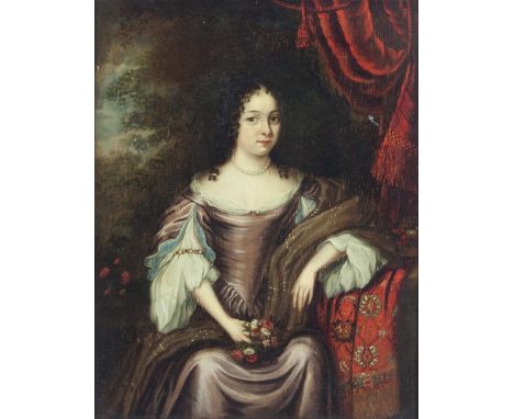 Follower of Sir Peter Lely/Portrait of a Lady/a posy in her right hand/oil on panel, 42cm x 32.5cm/Provenance: Private Collec