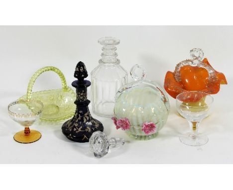 A green glass basket with crossover handle, an opaque green glass basket and other glass Condition Report: Lot 6:
Scent bottl