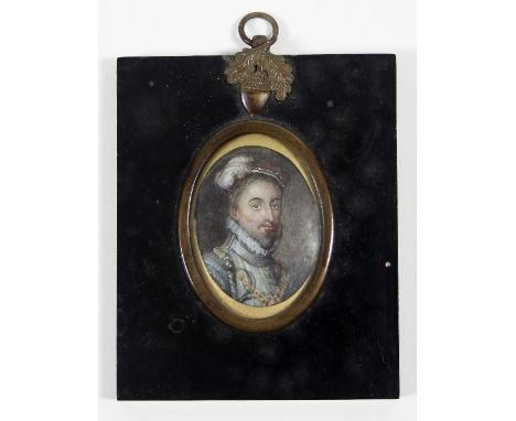 A portrait miniature depicting a gentleman in 17th Century dress, watercolour on ivory, 4.5cm x 3.5cm