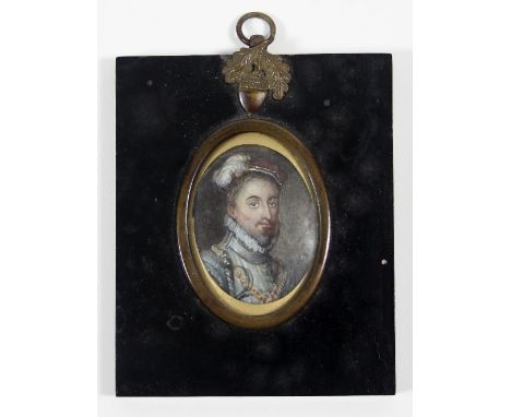 A portrait miniature depicting a gentleman in 17th Century dress, watercolour on ivory, 4.5cm x 3.5cm