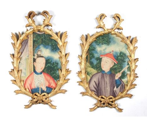 19th Century/Portraits of a Chinese Man and Lady/a pair/watercolour, 45cm x 28cm/in 20th Century ribbon tied leaf gilt frames