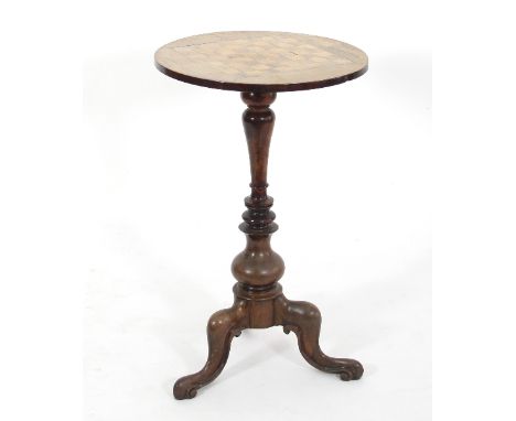 A rosewood circular table, the top inlaid for chess, on a turned column and tripod support, the top 46cm diameter