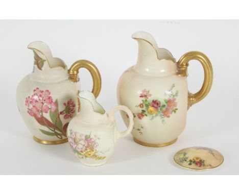 A Royal Worcester blush ivory jug, No. 1094, finely painted summer flowers, 16cm high, another 14.5cm high, a smaller modern 