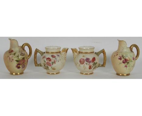 A pair of Royal Worcester blush ivory jugs, No. 1094, painted summer flowers, 13cm high and a pair of blush ivory jugs, No. 1