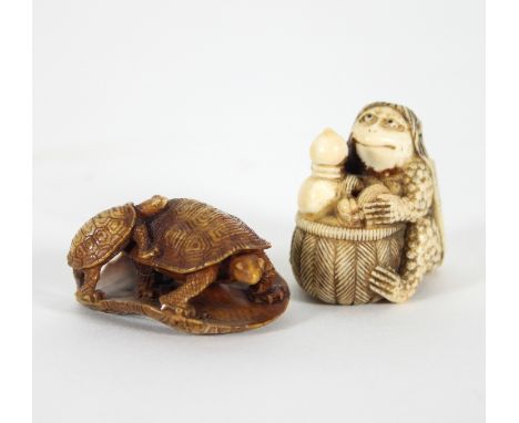 A Japanese carved ivory netsuke, Meiji period, depicting a kappa seated with a basket of clams and a gourd, 4cm high, and ano