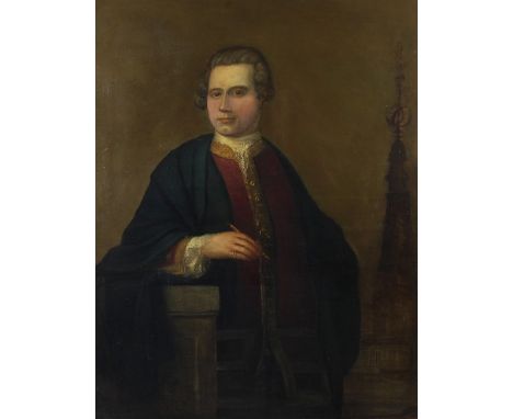 18th Century English School/Portrait of a Gentleman/in a blue cloak and red waistcoat, holding a pen in his right hand and wi