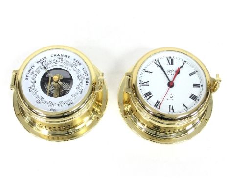 A Schatz ships clock and ships aneroid barometer in a brass case, 15cm high