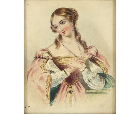 Elizabeth Heapey/Portrait of Mrs John Murray in Elizabethan Costume/half length/initialled/watercolour, 22cm x 17cm