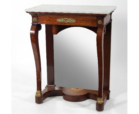 A Regency mahogany console table of Empire design with marble top and mirrored back, fitted a single drawer with open frame o