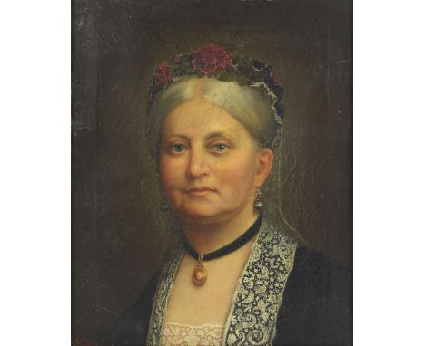 19th Century English School/Portrait of a Lady/with grey hair and a floral bonnet/initialled EM and dated 1876/oil on canvas,