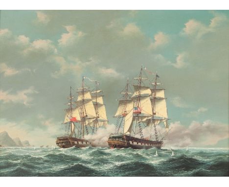 Salutore Colacicco (Italian, born 1935)/Naval Engagement/between a Royal Navy and United States frigate/signed/oil on panel, 