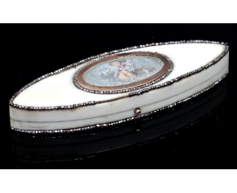 A George III ivory patch box, of navette shape with an oval miniature painting to the cover enclosing a mirror, 9cm wide