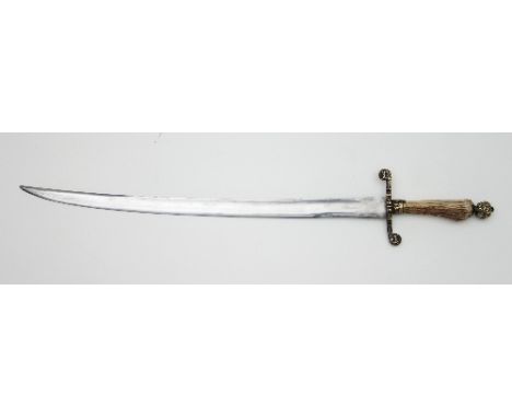 A stag hunting sword, with antler handle and brass guard and head pommel, the steel blade 60cm long