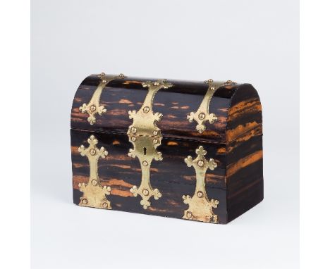 A Victorian coromandel tea caddy, brass bound and with a domed cover, 21.5cm wide