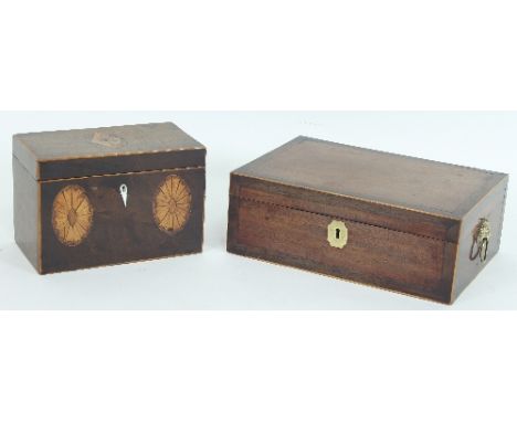 A late 18th Century mahogany tea caddy, inlaid oval patera (gutted), 18.5cm wide and a 19th Century mahogany work box, banded