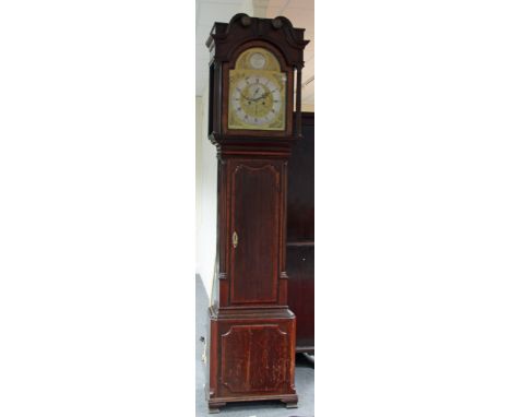 An oak and mahogany cased longcase clock, the arched brass dial signed William Robb of Montrose with subsidiary seconds dial 