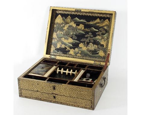 A 19th Century Chinese export lacquer sewing box, the inner cover with landscape decoration and fitted with tray, compartment