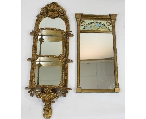 A 19th Century gilt plaster wall mirror with stained glass panel to the frieze and fluted columns to the sides, the plate 49c