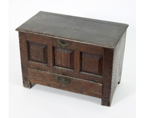 An 18th Century oak chest of small proportions, the hinged cover above a triple panel front with drawer below, 63.5cm wide Co