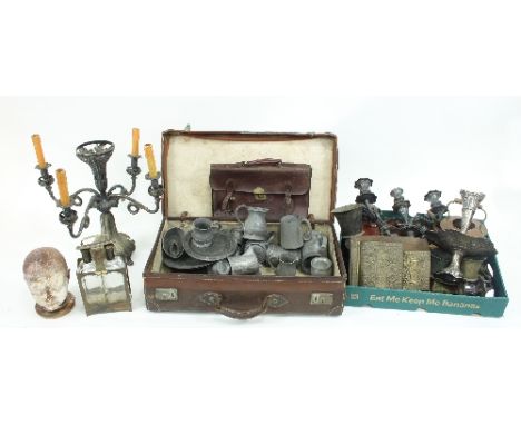 A quantity of various electroplated wares, brass ware, pewter ware, three dressing sets, a brown leather suitcase and a plast