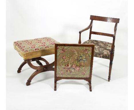 A William IV rosewood X-framed stool, a Regency open armchair and a needlework firescreen