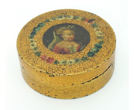 A small Vernis Martin circular box, painted with a portrait of a lady (damaged)
