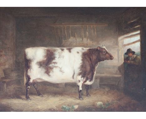 John Pitman (fl. 1820-1846)/Vetch/Portrait of a Shorthorn Cow in a Cowshed with Cow Herd at the Door/signed J Pitman lower le