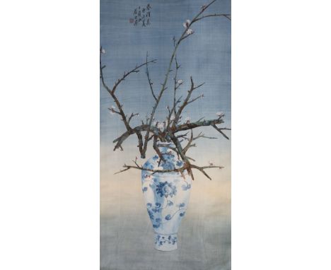 A Chinese scroll painting of flowers in a bowl, boxed.