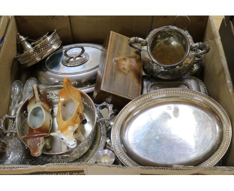 A quantity of plated ware and 2 ceramic cow creamers