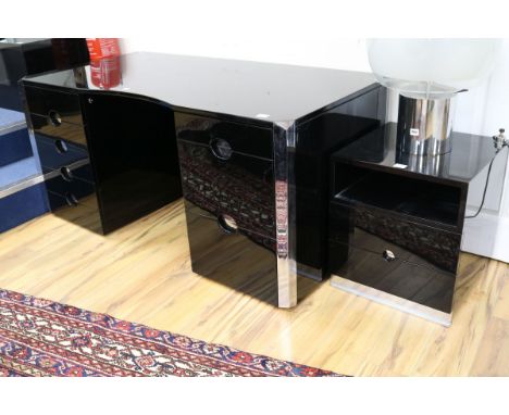 Luigi Caccia Dominioni (1913-2016) for Azucena - a late 1960s mirror black kneehole desk and filing cabinet W.160cm, 50cm