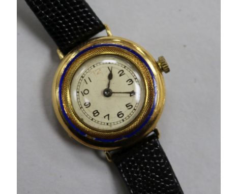 A lady's early 20th century 18ct gold and enamel manual wind wrist watch (enamel a.f.).