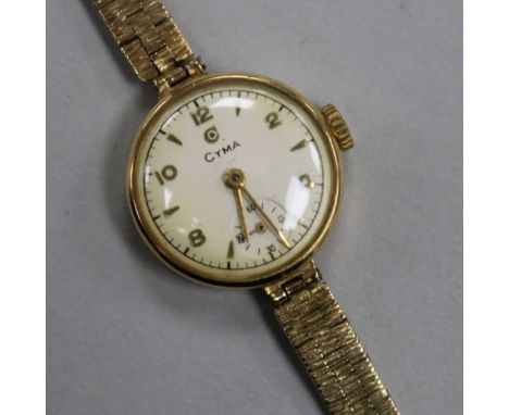 A ladys 9ct gold Cyma manual wind wrist watch.