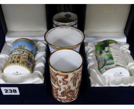 Four Halcyon Days enamel vases/beakers Gertrude Jekyll 34/50, Oxford Collection, Hansom Cab 44/500 & Shakespeare's Globe and 