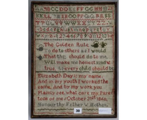 A 19th century, cross stitch sampler 44 x 32cm