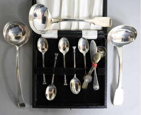 A George III silver sauce ladle, Thomas Tookey two other silver sauce ladles, five silver teaspoons and five small items of f