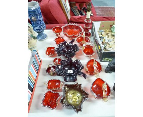 Collection of assorted Red Murano Glass dishes and a a candlestick light 