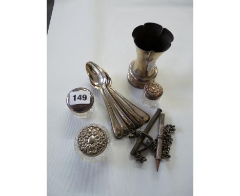 Collection of Silver items to include set of 6 Silver Teaspoons, Silver lidded pots, Posy vase and a Silver watch chain 