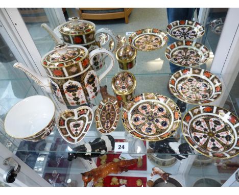 Collection of Royal Crown Derby Old Imari 1128 pattern tableware inc. Teapot, Sugar bowl, saucers, lidded pot etc 