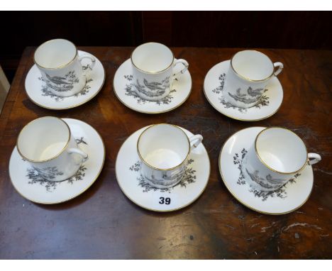 Set of 6 Royal Worcester Game Pheasant decorated Coffee cans and saucers 