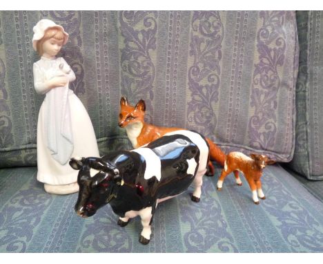 Beswick figure of a Fresian Bull, Beswick Calf in gloss, Beswick Fox and a Nao girl with puppy