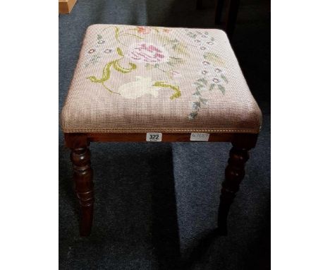 TAPESTRY MAHOGANY STOOL & A MAHOGANY SMALL WALL BOOKCASE