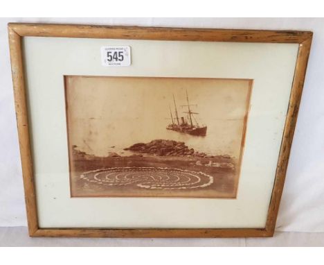 VINTAGE SEPIA PHOTOGRAPH OF THE TROY TOWN MAZE ON ST AGNES, ISLES OF SCILLY, WITH SUNKEN BOAT JUST OFF THE COAST, TOGETHER WI