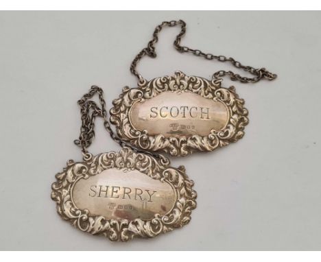 2 SILVER DECANTER LABELS, SHERRY & SCOTCH