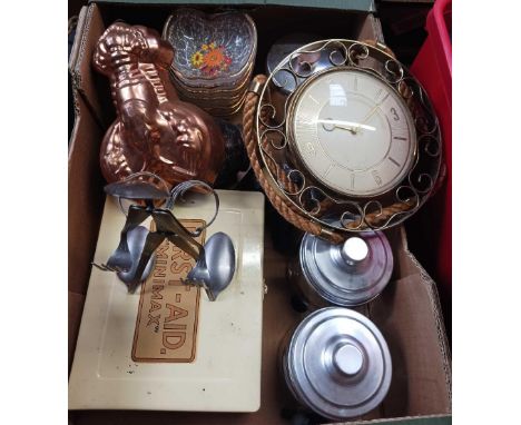 CARTON WITH MISC STORAGE JARS, CLOCK, VINTAGE FIRST AID KIT WITH CONTENTS, COPPER JELLY MOULD, GLASS DISHES