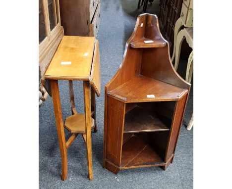 SMALL INLAID MAHOGANY CORNER SHELF UNIT & A SMALL 2 TIER DROP FLAP OCTAGONAL TABLE